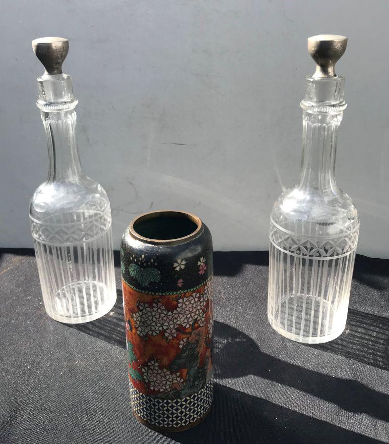 A PAIR OF BACCARAT 13" STOPPERED BOTTLES WITH A 8": A PAIR OF BACCARAT 13" STOPPERED BOTTLES WITH A 8" CHINESE CLOISSONE VASE. PROPERTY FROM THE OLD NEWFANE INN OF VERMONT