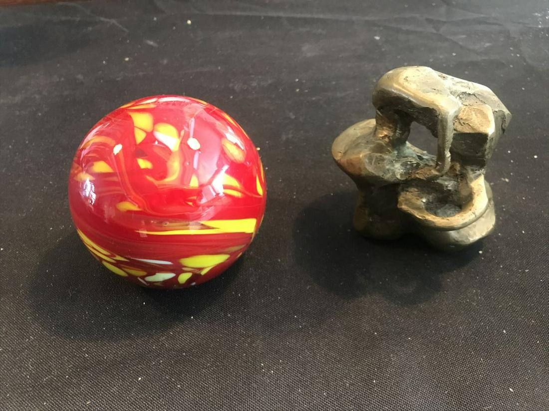 A LARGE GLASS PAPERWEIGHT AND A ITALIAN FUTURIST BRONZE: A LARGE GLASS PAPERWEIGHT AND A ITALIAN FUTURIST BRONZE PAPERWEIGHT. PROPERTY FROM A HUNTINGTON ,MASS ESTATE
