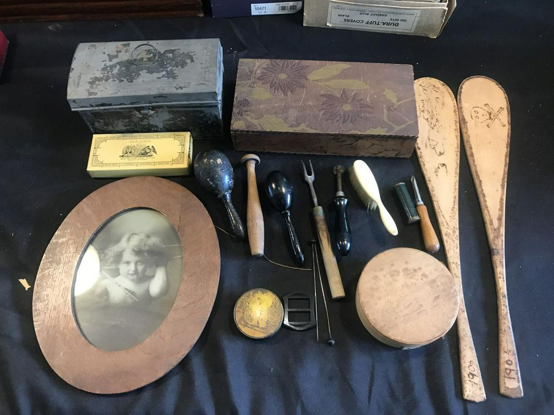 ANTIQUE SEWING AND FLEMISH ART BURNTWOOD LOT: ANTIQUE SEWING AND FLEMISH ART BURNTWOOD LOT