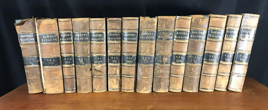14 CIVIL WAR ERA BOUND LEATHER HARPERS MONTHLY.: 14 CIVIL WAR ERA BOUND LEATHER HARPERS MONTHLY. PROPERTY FROM THE OLD NEWFANE INN OF VERMONT.