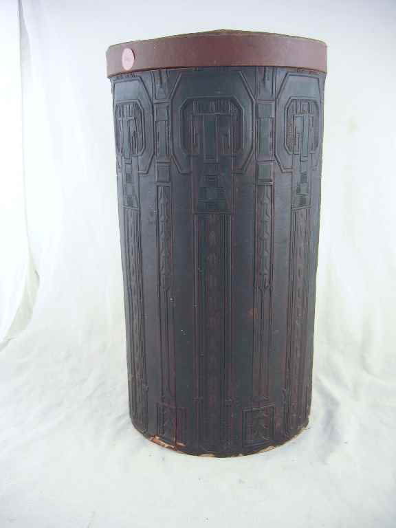 ARTS AND CRAFTS TOOLED LEATHER WASTEBASKET, POS: ARTS AND CRAFTS TOOLED LEATHER WASTEBASKET, POSSIBLY FRANK LLOYD WRIGHT