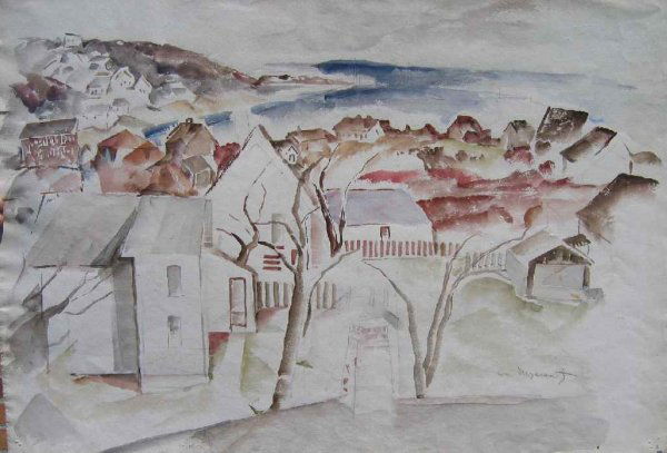 "GLOUCESTER HOUSES"PAINTING WILLIAM MEYEROWITZ: "GLOUCESTER HOUSES" WATER COLOR SIGNED ON BACK BY WILLIAM MEYEROWITZ 15 1/2" X 22 1/2" PINHOLES IN CORNER