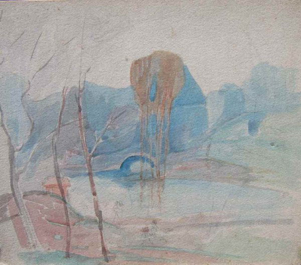 "CENTRAL PARK" PAINTING BY WILLIAM MEYEROWITZ: "CENTRAL PARK" WATER COLOR MOUNTED ON PANEL SIGNED ON BACK BY WILLIAM MEYEROWITZ 11.5" X 9" CONSISTANT WITH AGE