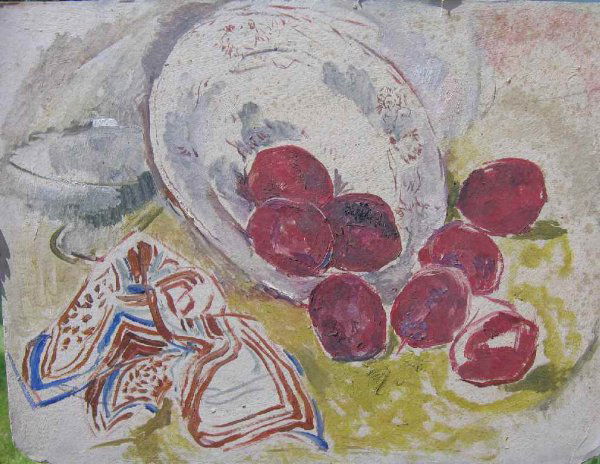 STILL LIFE PAINTING BY WILLIAM MEYEROWITZ: STILL LIFE WITH FRUIT OIL ON BOARD UNSIGNED BY WILLIAM MEYEROWITZ 14" X 8.5" THICK PAINT