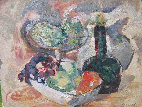 STLL LIFE BY WILLIAM MEYEROWITZ: "#21D- STILL LIFE WITH BOTTLE- 1947" OIL ON BOARD SIGNED BY WILLIAM MEYEROWITZ 15" X 20" CHIPPING AT EDGES