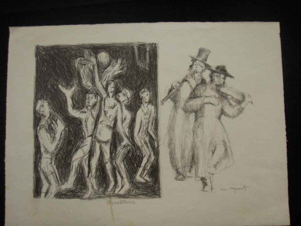 THERESA BERNSTEIN & WILLIAM MEYEROWITZ PRINT: PRINT OF BASKETBALL PLAYERS SIGNED BY THERESA BERNSTEIN WITH PRINT OF MINSTELS SIGNED BY WILLIAM MEYEROWITZ