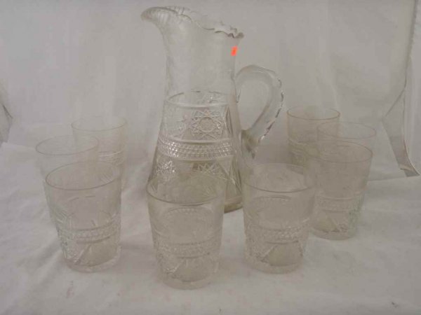 ANTIQUE CUT CRYSTAL PITCHER WITH 8 TUMBLERS