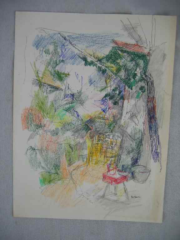 WILLIAM MEYEROWITZ MIXED MEDIA PAINTING: WILLIAM MEYEROWITZ MIXED MEDIA ABSTRACT COURTYARD SCENE 8.5" X 11"