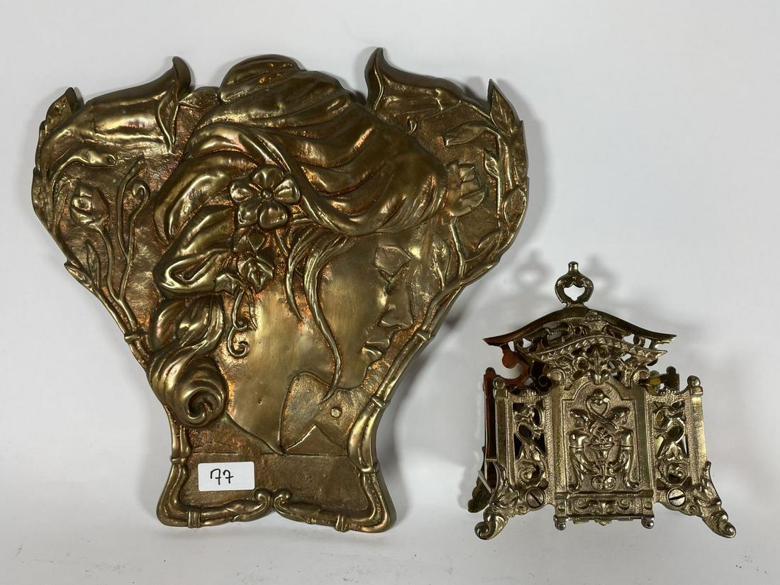 A BRASS BRADLEY AND HUBBARD LETTER OPENER AND A BRONZE: A BRASS BRADLEY AND HUBBARD LETTER OPENER AND A BRONZE ART NOUVEAU RELIEF PLAQUE 10" X 11" AND SMALLER. WEIGHS 5 LBS 8 OZ