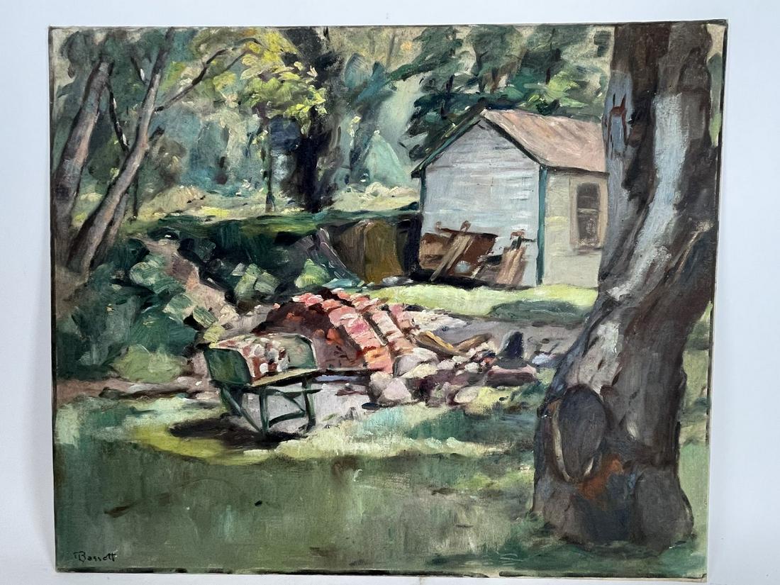 A PAINTING TITLED "MILTON YARD" ON BOARD SIGNED RICHARD: A PAINTING TITLED "MILTON YARD" ON BOARD SIGNED RICHARD BASSET 24" X 20"