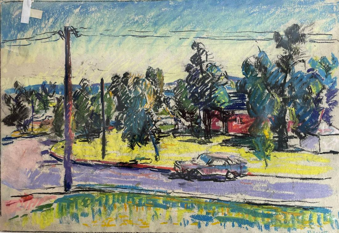 A PASTEL TITLED "PARKED IN THE SUN" SIGNED RICHARD: A PASTEL TITLED "PARKED IN THE SUN" SIGNED RICHARD BASSET 20" X 14"