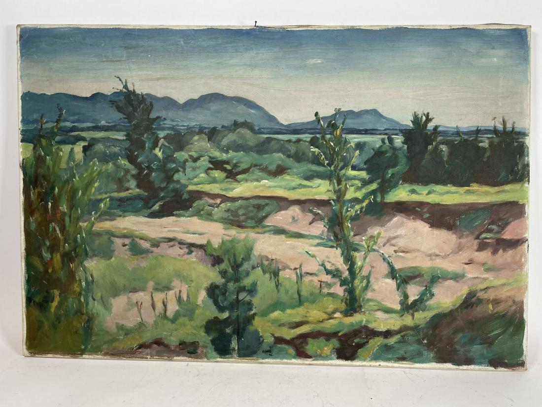 A PAINTING ON CANVAS OF LANDSCAPE BY RICHARD BASSET: A PAINTING ON CANVAS OF LANDSCAPE BY RICHARD BASSET 30.25" X 20"