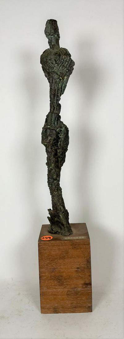 MIDCENTURY BRONZE ITALIAN FUTURIST SCULPTURE ON WOOD: MIDCENTURY BRONZE ITALIAN FUTURIST SCULPTURE ON WOOD STAND AFTER ALBERTO GIACOMETTI, 19" TALL