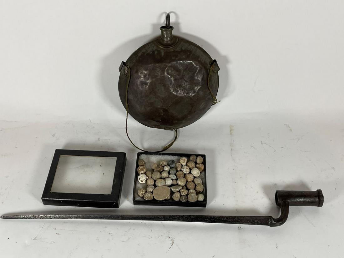 THREE CIVIL WAR ERA ITEMS, A BAYONET, CANTEEN, AND BOX: THREE CIVIL WAR ERA ITEMS, A BAYONET, CANTEEN, AND BOX OF FIELD GATHERED SHOT