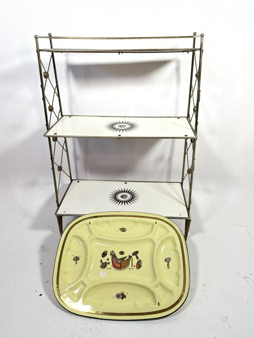 MIDCENTURY GEORGE BRIARD THREE TIERED STAND 20" X 30": MIDCENTURY GEORGE BRIARD THREE TIERED STAND 20" X 30" AND AN ENAMELED SECTIONAL PLATTER 13" X 17"