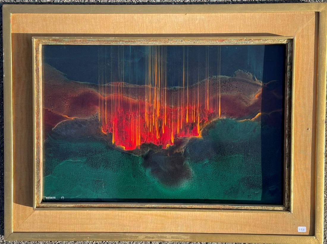 "THE CRATER" OIL ON BOARD BY LEONARDO NIERMAN, PAINTED: "THE CRATER" OIL ON BOARD BY LEONARDO NIERMAN, PAINTED 1963, 22" X 30" FRAME, 16" X 24" SIGHT, P WARSMAN, GALLERIA BRINA LABEL