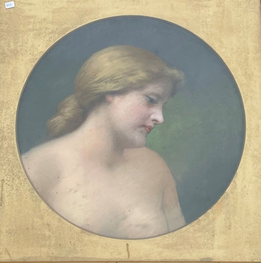 JG WELLS CHAMPNEY PASTEL OF A YOUNG WOMAN IN CIRCULAR: JG WELLS CHAMPNEY PASTEL OF A YOUNG WOMAN IN CIRCULAR FRAME, MEASURES 18" IN DIAMETER