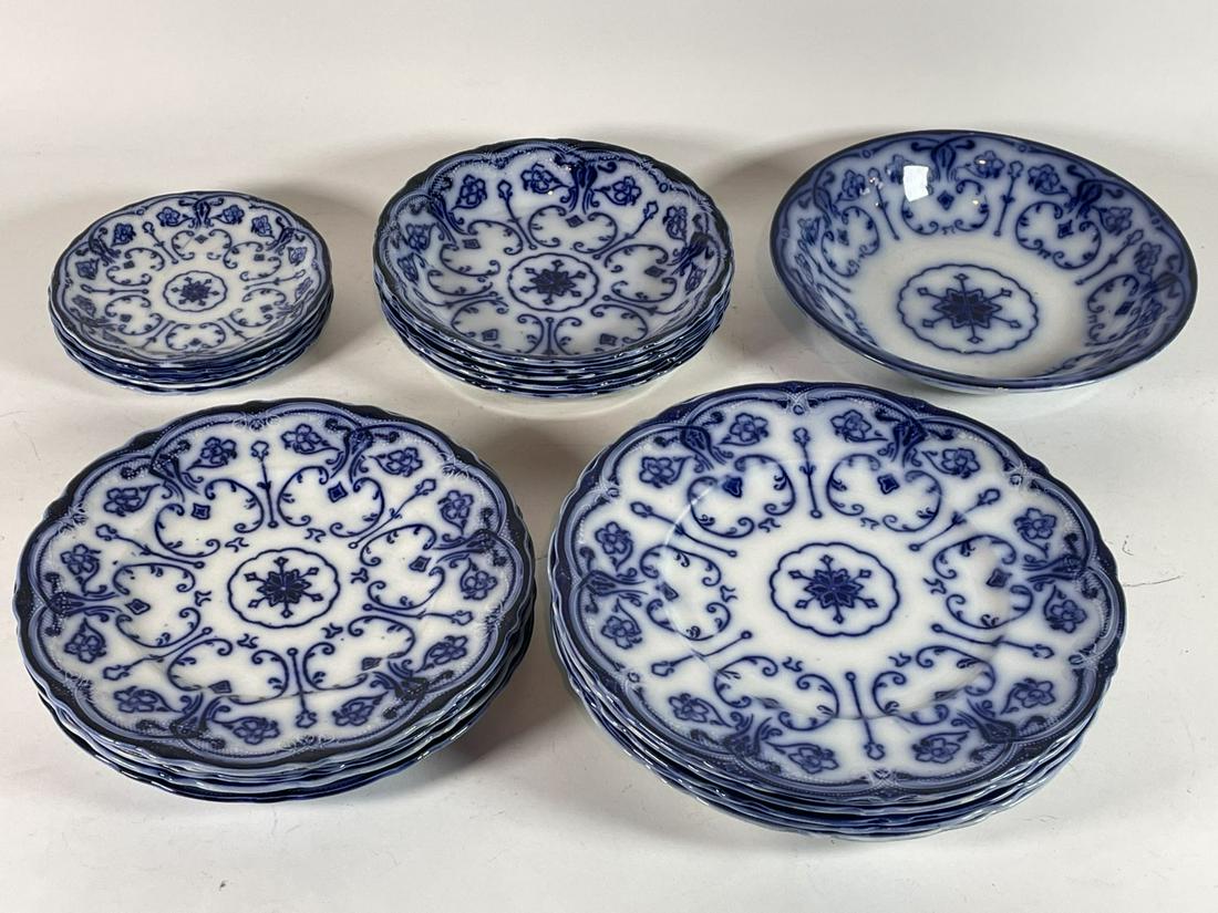 22 PIECES FLOW BLUE DINNERWARE: 22 PIECES FLOW BLUE DINNERWARE