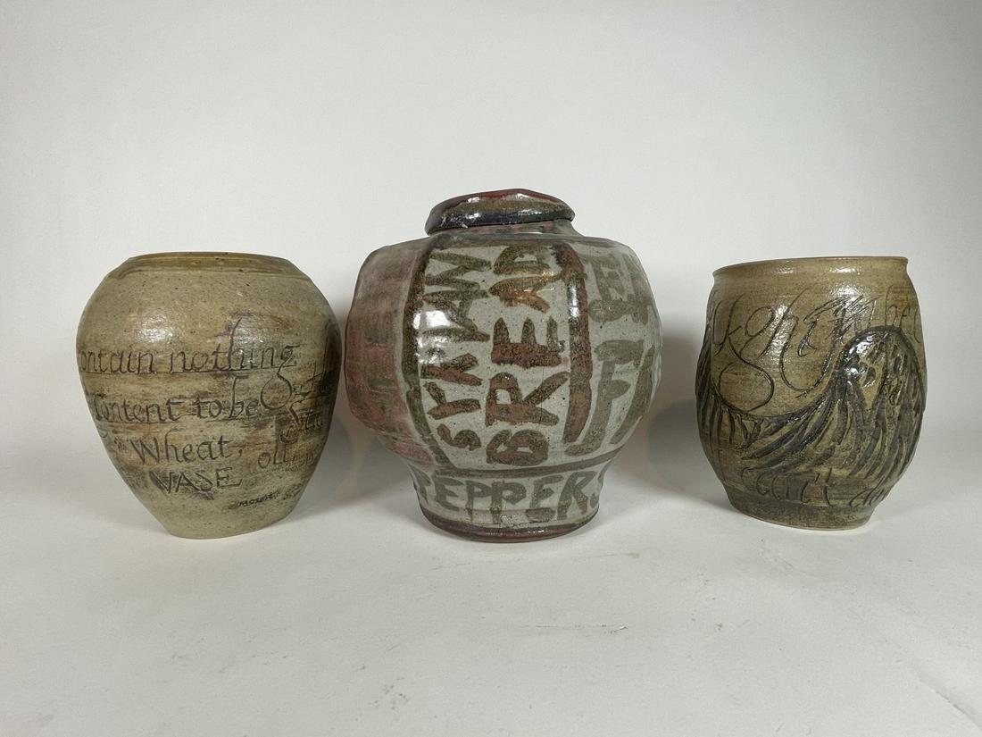 THREE PIECES MID CENTURY MODERN ART POTTERY. TWO BY: THREE PIECES MID CENTURY MODERN ART POTTERY. TWO BY BARRY MOSHER? AND ANOTHER SIGNED PIECE. ONE HAS SMALL CRACK. 11" AND SMALLER
