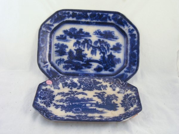 2 19TH CENTURY FLOW BLUE PLATTERS- 1 MARKED CHU: 2 19TH CENTURY FLOW BLUE PLATTERS- 1 MARKED CHURN PH & CO. 12" X 9" AND 13.5" X 10". SOME CRAZING