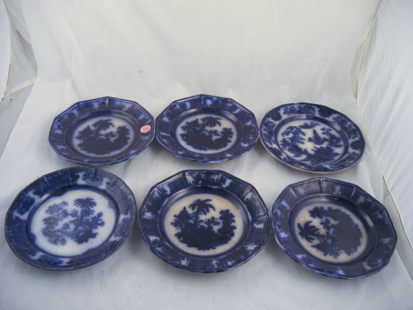 6 19TH CENTURY FLOW BLUE IRONSTONE PLATES MARKE: 6 19TH CENTURY FLOW BLUE IRONSTONE PLATES MARKED "KYBER" 7" DIAMETER