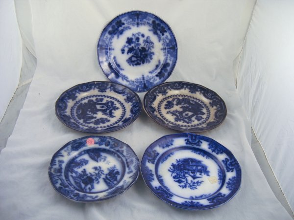 5 19TH CENTURY FLOW BLUE PLATES INCLUDE: AMOY,: 5 19TH CENTURY FLOW BLUE PLATES INCLUDE: AMOY, DEMPORT, IMPERIAL STONE CHINA, MAYER OREGON ETC. 8"-9"