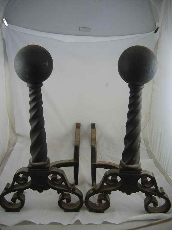 ANTIQUE WROUGHT IRON CANNONBALL AND IRONS FIREP: ANTIQUE WROUGHT IRON CANNONBALL AND IRONS FIREPLACE SET. 22"T