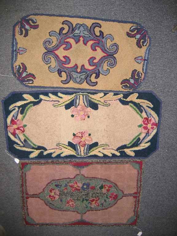 3 ANTIQUE FLORAL HOOKED RUGS. ALL APPROX. 2' X