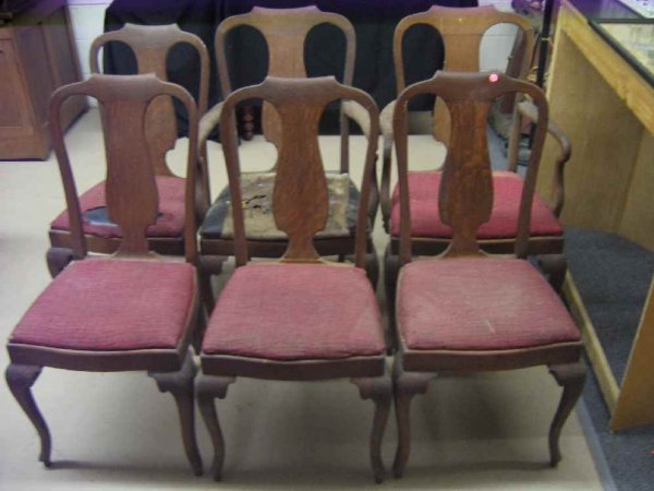 SET OF 6 ANTIQUE OAK QUEEN ANNE CHAIRS