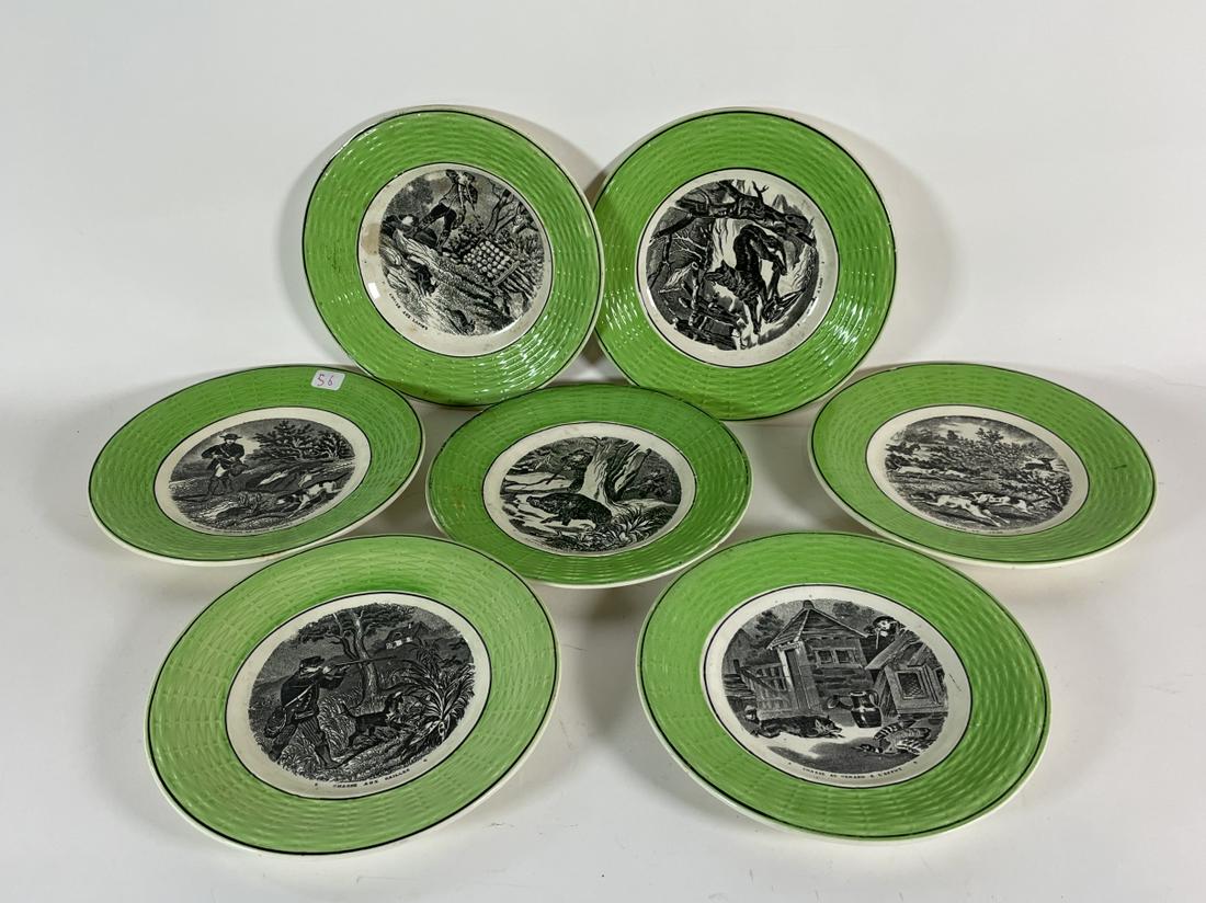 A SET OF SARREGUEMINES FRENCH HUNTING PLATES. 7" D.: A SET OF SARREGUEMINES FRENCH HUNTING PLATES. 7" D. WEAR CONSISTENT WITH AGE AND USE