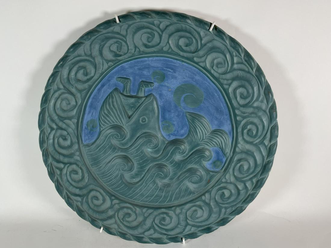 A LARGE AND RARE SIGNED MOBY DICK POTTERY WALL: A LARGE AND RARE SIGNED MOBY DICK POTTERY WALL CHARGER 19" DIAMETER. VERY CLEAN CONDITION
