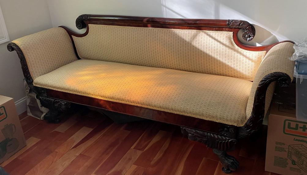 A DUNCAN PHYFE 19TH CENTURY SOFA. ATTRIBUTED: A DUNCAN PHYFE 19TH CENTURY SOFA. ATTRIBUTEDIN HOUSE SHIPPING UNAVAILABLE ON THIS ITEM.