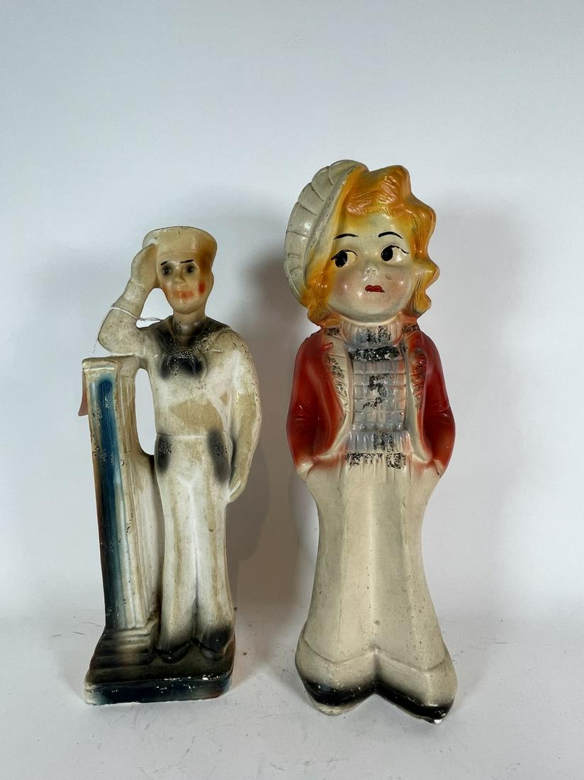 TWO CHALKWARE STATUES 1930s 15.5" AND 14". WEAR (1 of 2)
