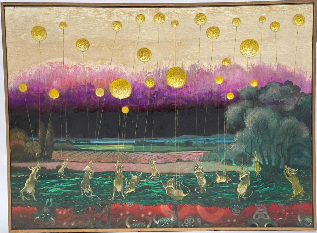 JAMES APOSTLE OIL PAINTING "COWS FLYING BALLOONS" 54" X (1 of 4)