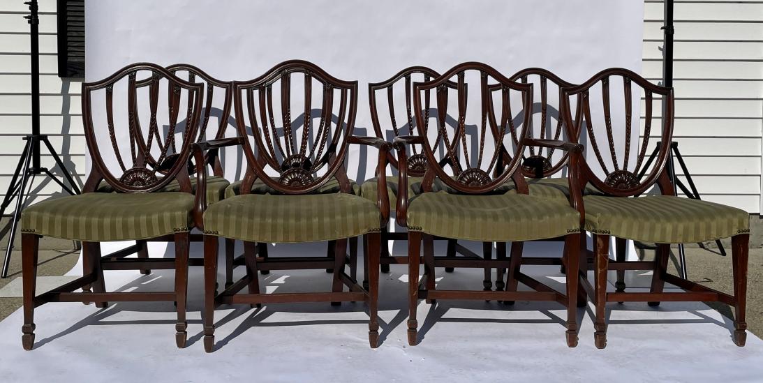 1920S BANDED MAHOGANY TABLE WITH 8 SHIELDBACK CHAIRS: 1920S BANDED MAHOGANY TABLE WITH 8 SHIELDBACK CHAIRS, IN HOUSE SHIPPING UNAVAILABLE ON THESE ITEMS.