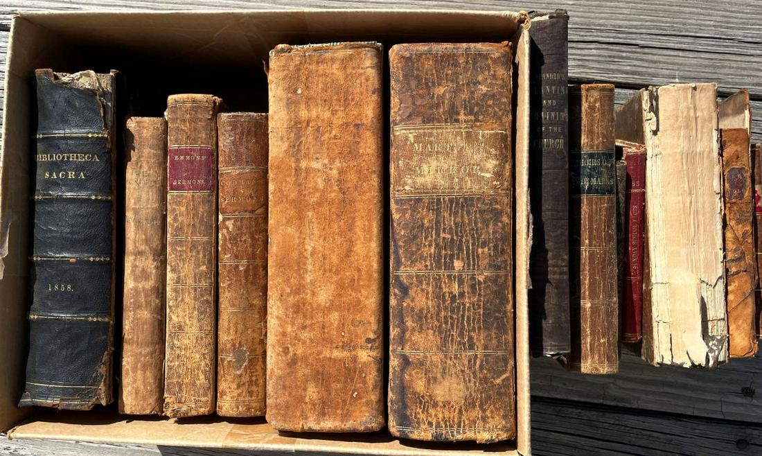 A BOX OF EARLY LEATHERBOUND RELIGIOUS BOOKS (1 of 6)