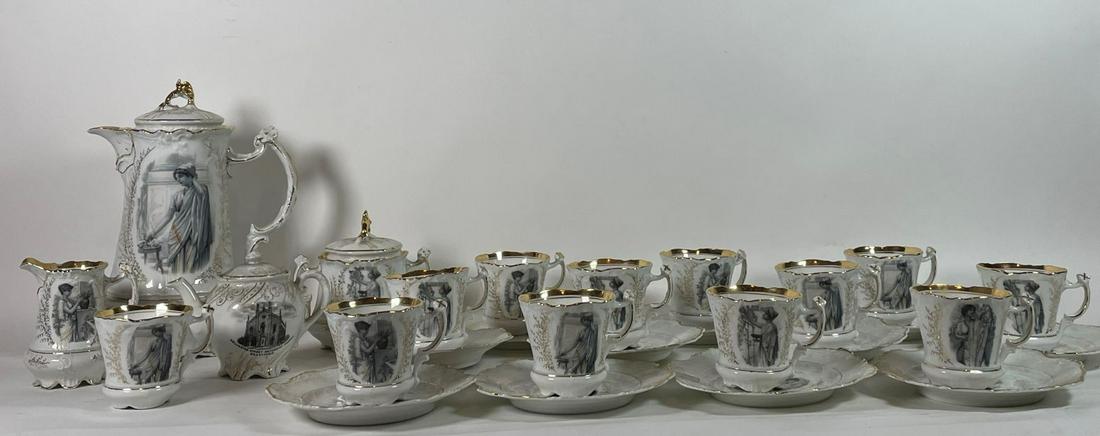 ANTIQUE PORCELAIN TEA SET WITH LITHOGRAPH FIGURE OF A (1 of 9)