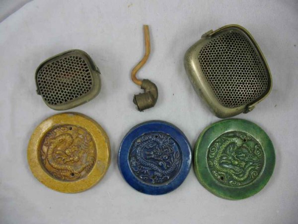 CHINESE STONEWARE PLAQUES, MIDDLE EASTERN OPIU: CHINESE STONEWARE PLAQUES, MIDDLE EASTERN OPIUM PIECE, 2 CHINESE POTPOURRI HOLDERS