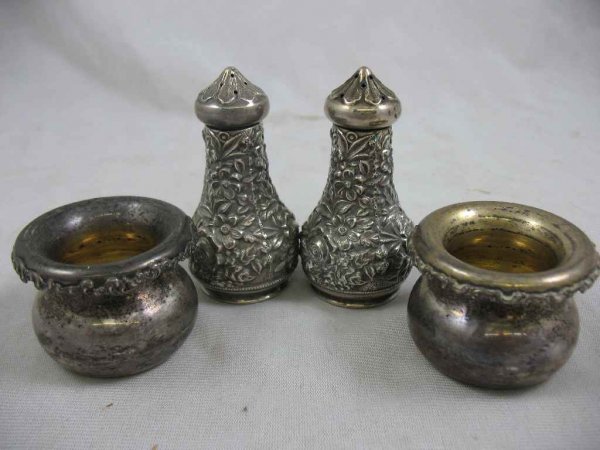 KIRK AND SON REPOUSSE STERLING SALT AND PEPPER: KIRK AND SON REPOUSSE STERLING SALT AND PEPPER SHAKERS AND 2 STERLING SALT CELLARS