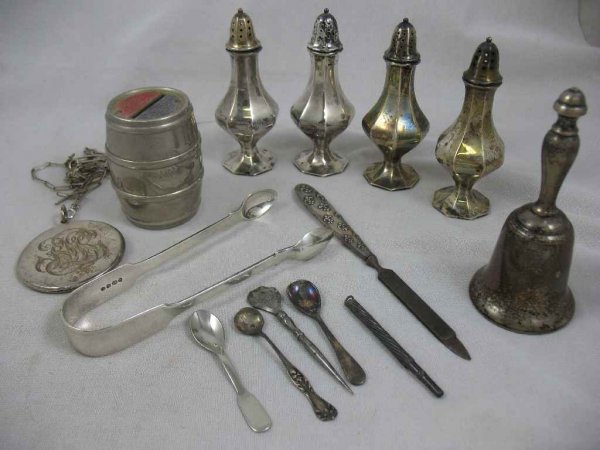 STERLING SILVER OT INC. HALLMARKED TONGS, LARG: STERLING SILVER OT INC. HALLMARKED TONGS, LARGE LOCKET, AND SALT AND PEPPER SHAKERS