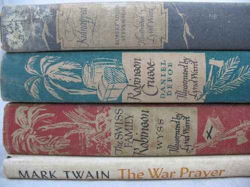 "THE SWISS FAMILY ROBINSON; KIDNAPPED AND ROBIN: "THE SWISS FAMILY ROBINSON; KIDNAPPED AND ROBINSON CRUSOE ILLUSTRATED BY LYND WARD AND THE WAR PRAYER BY MARK TWAIN, ILLUSTRATED AND SIGNED BY JOHN GROTH