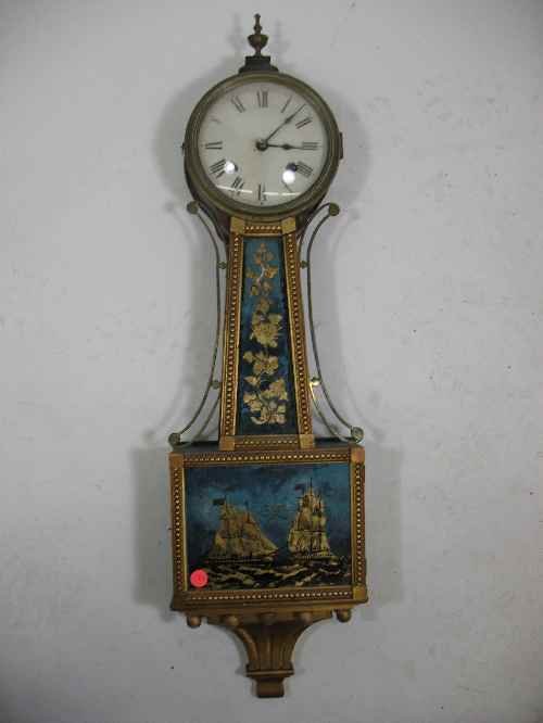 ANTIQUE BANJO CLOCK WITH SHIP AND FLORAL DECORA: ANTIQUE BANJO CLOCK WITH SHIP AND FLORAL DECORATIONS 34"LONG