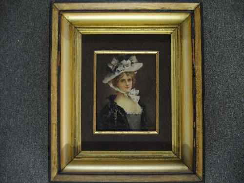 OIL ON PANEL PORTRAIT OF WOMAN BY EDWARD PERCY: OIL ON PANEL PORTRAIT OF WOMAN BY EDWARD PERCY MORAN. 7.5" X 9" SIGHT, 17" X 21" FRAMED, STAINING