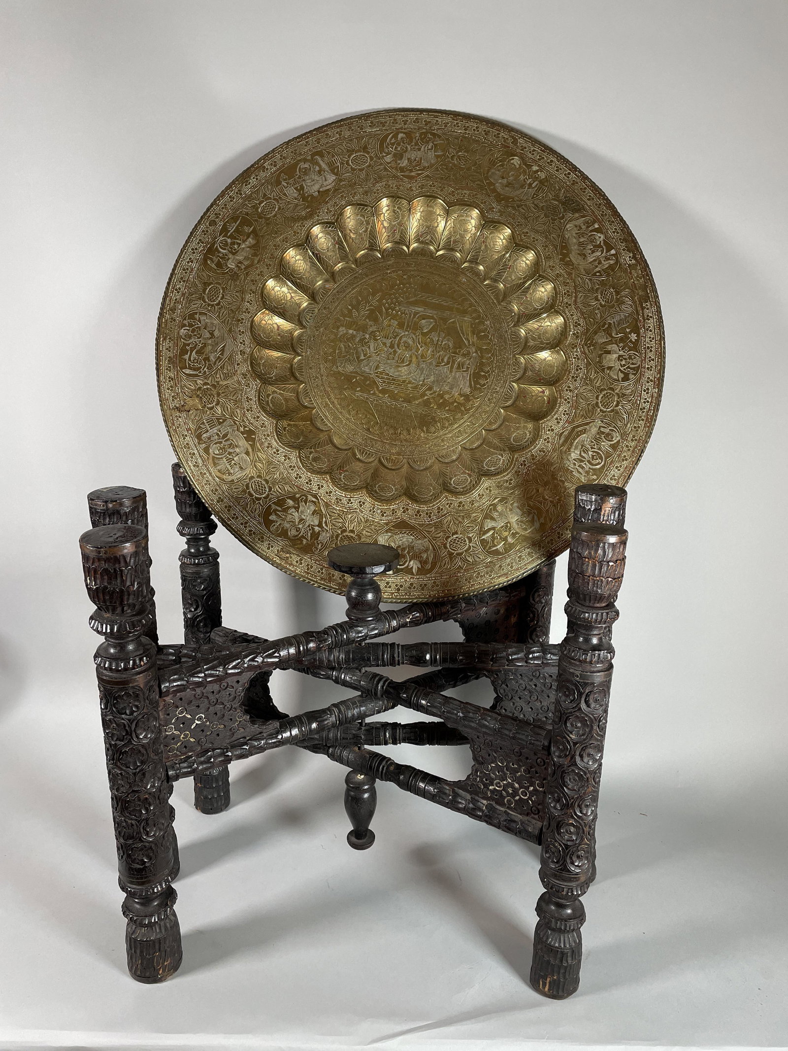 CHINESE BRASS TRAY ON CARVED STAND 24" IN DIAMETER X (1 of 7)