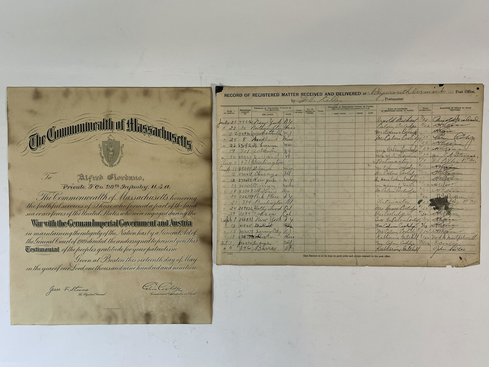 TWO CALVIN COOLIDGE SIGNATURES ON DOCUMENTS, DATED 1919 (1 of 6)