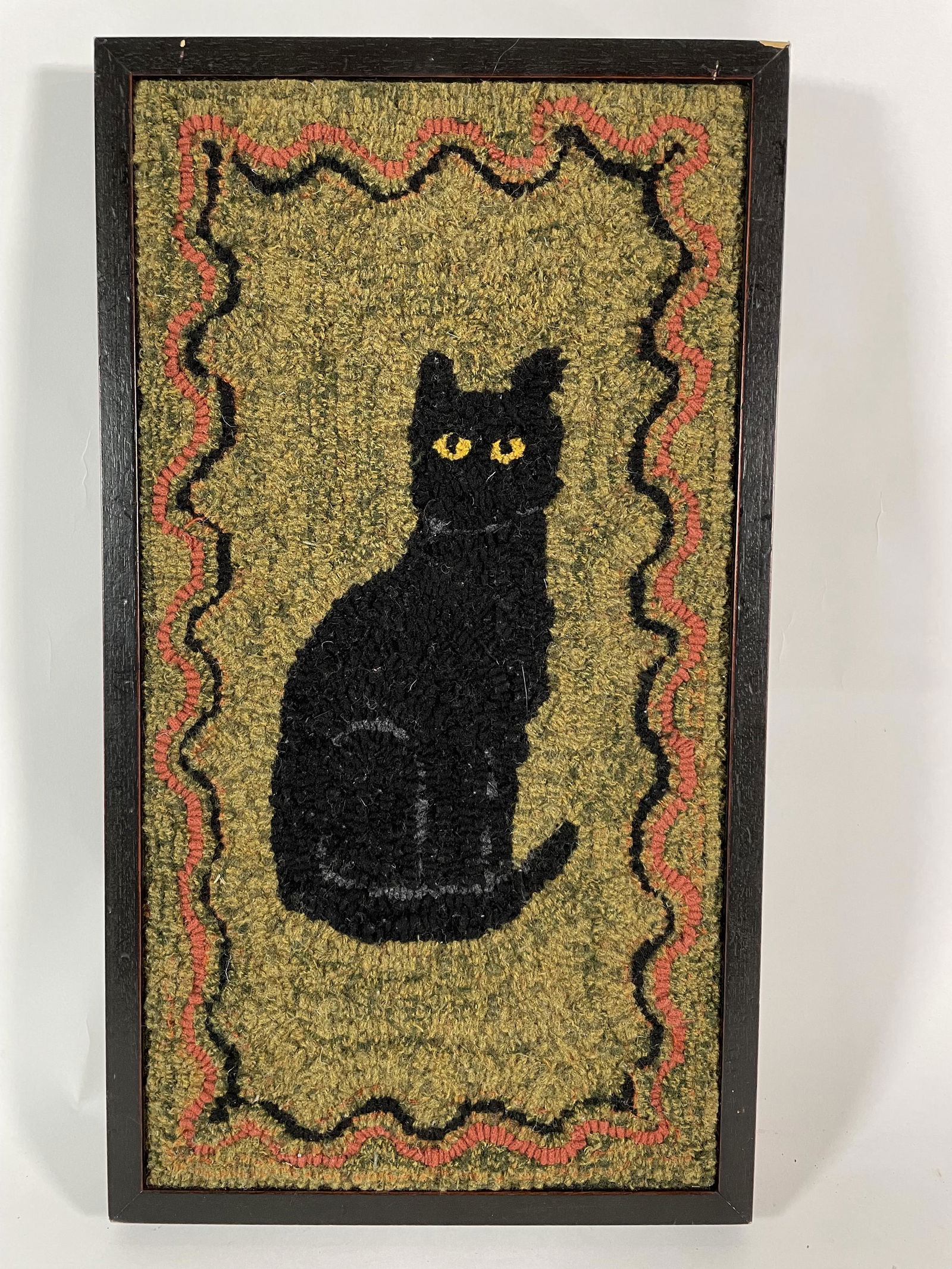 A FRAMED ANTIQUE NEEDLEPOINT OF A CAT 10" X 18" (1 of 5)