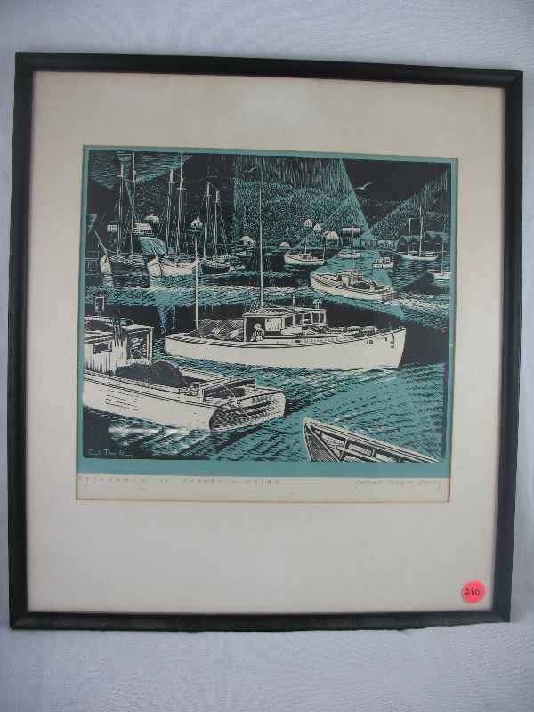 WOODCUT IN COLORS "FISHERMEN IN CAMDEN- MAINE" : WOODCUT IN COLORS "FISHERMEN IN CAMDEN- MAINE" BY CARROLL THAYER BERRY