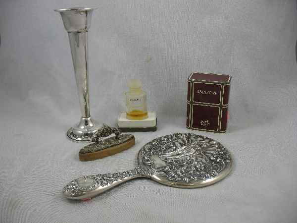 HERMES AMAZONE PERFUME W/FIGURAL STERLING HAND: HERMES AMAZONE PERFUME W/FIGURAL STERLING HAND MIRROR, WEIGHTED STERLING VASE AND BLOTTER