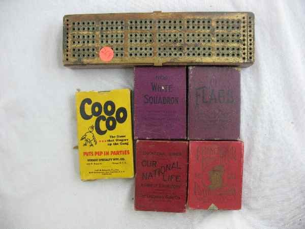 VINTAGE COPPER CRIBBAGE BOARD AND 5 1920'S CARD: VINTAGE COPPER CRIBBAGE BOARD AND 5 1920'S CARD GAMES