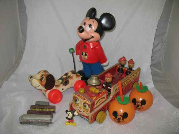LITTLE SNOOPY FISHER PRICE PULL TOY, WINKY BLIN: LITTLE SNOOPY FISHER PRICE PULL TOY, WINKY BLINKY FIRE TRUCK , AND MICKEY MOUSE BANK